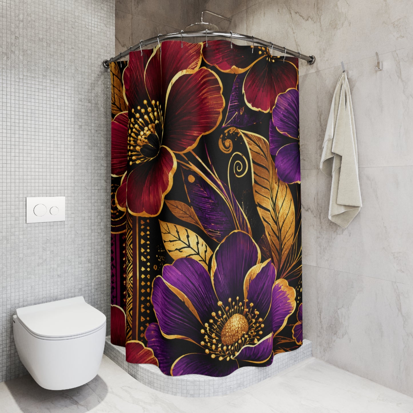 Zuri Garden Shower Curtain – African-Inspired Floral Bathroom Decor in Burgundy, Gold, Black & Purple