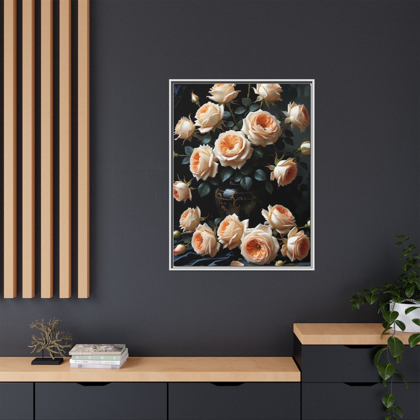 Peach Roses in Black Vase Floral Framed Matte Canvas Print