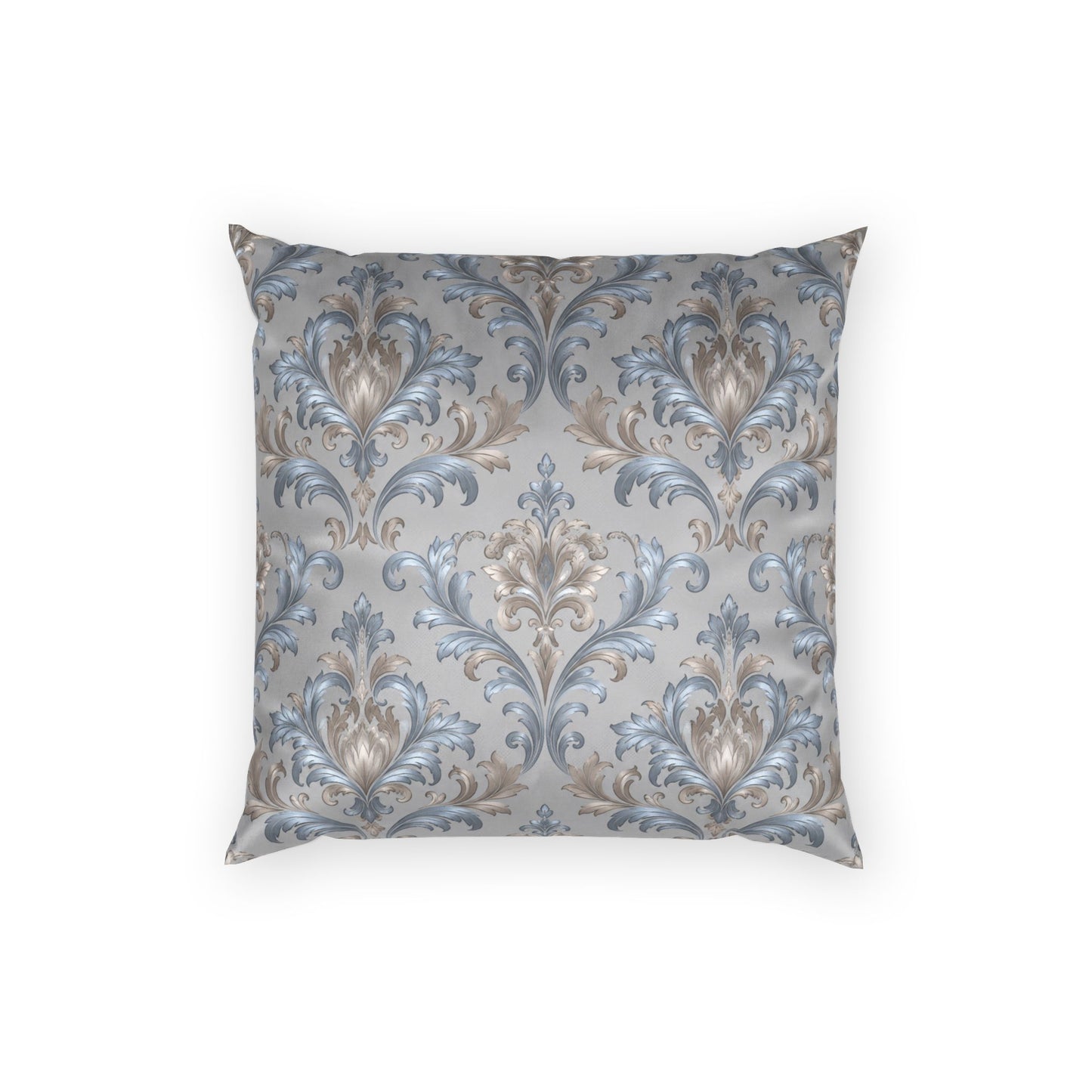 Elegant Blue Gray Damask Motif Velvet Pillow — Luxurious Decorative Throw Cushion