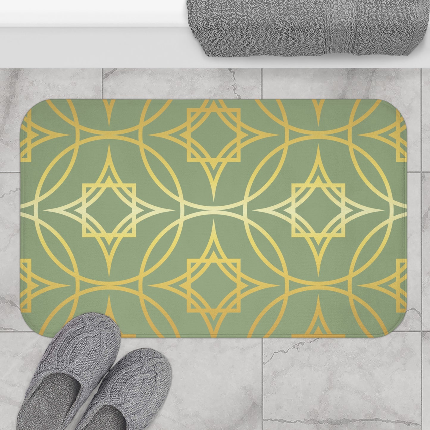 Gilded Geometric Bath Mat – Sage Green and Gold Shower Rug