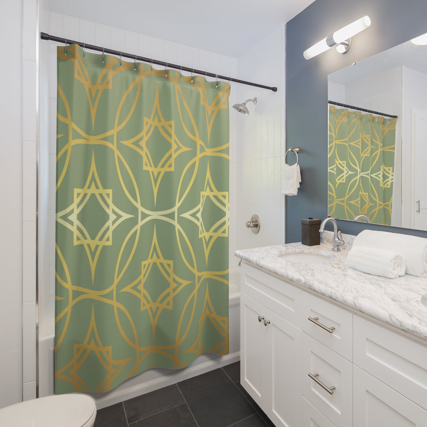 Gilded Geometric Shower Curtain — Sage Green & Gold Bath Décor