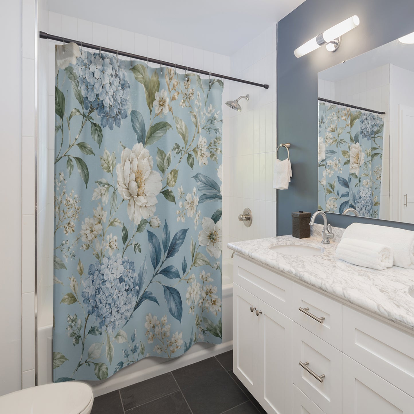 Blue Vintage Hydrangea & Peony Shower Curtain