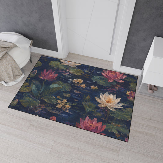 Dark Blue Lotus Pond Heavy-Duty Floor Mat — Durable Entryway Rug