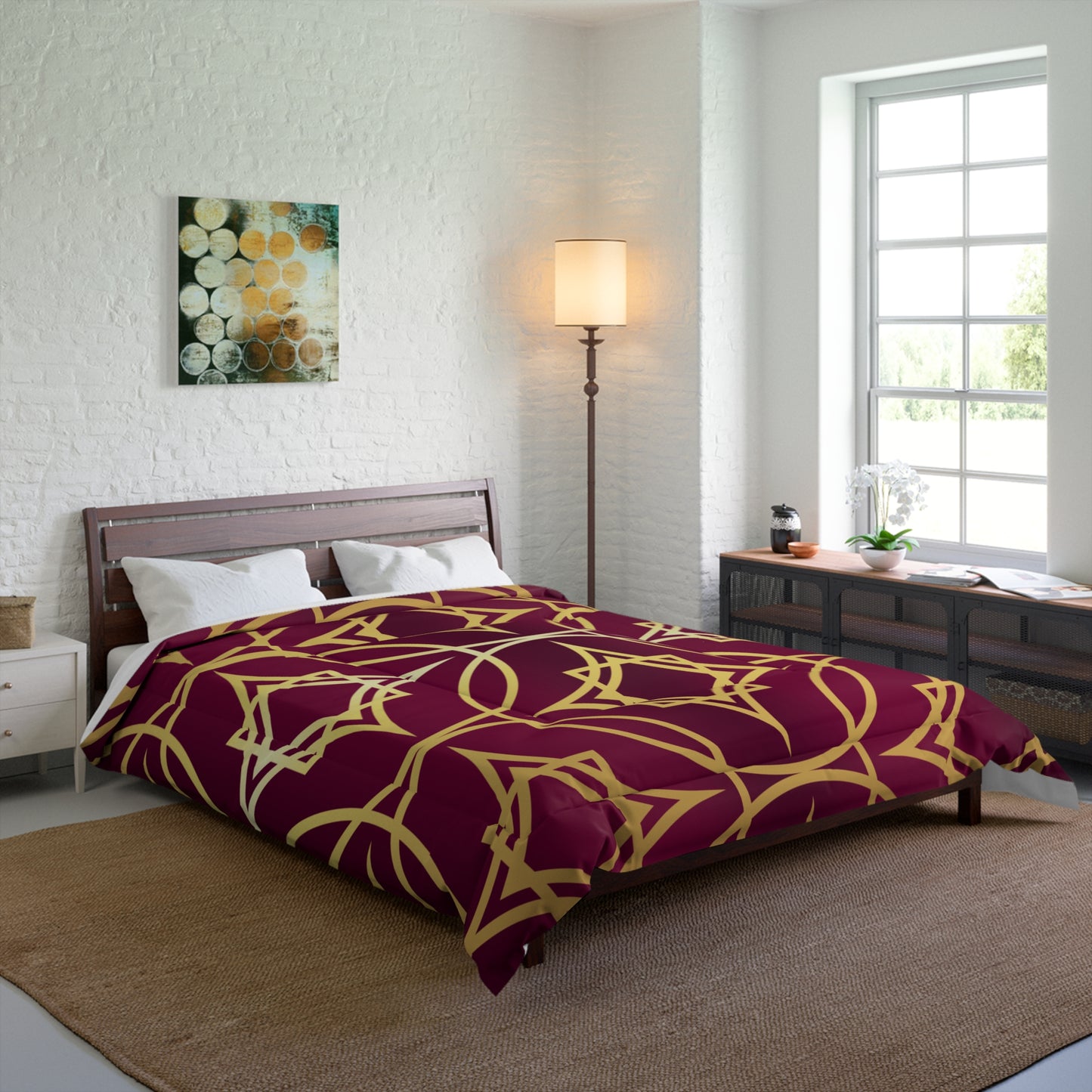 Gilded Geometric Comforter — Burgundy & Gold Luxury Duvet Cover