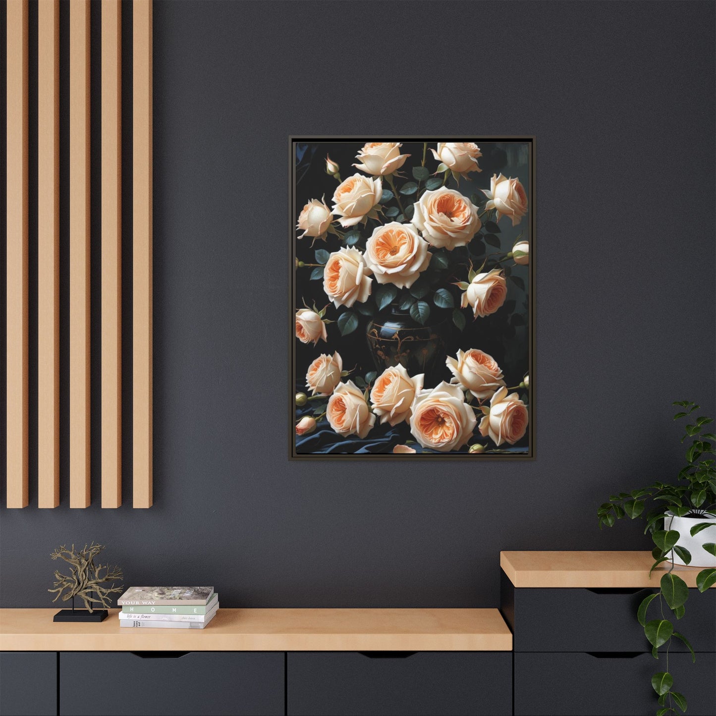 Peach Roses in Black Vase Floral Framed Matte Canvas Print