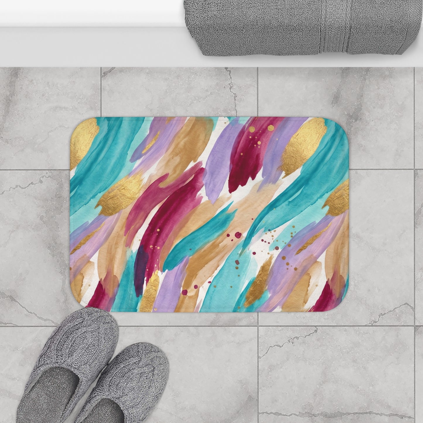 Abstract Watercolor Brushstroke Bath Mat — Teal, Gold & Berry Bathroom Rug