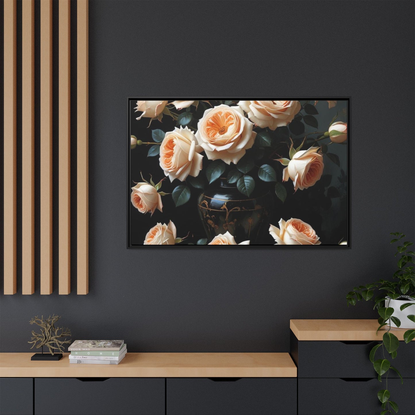 Peach Roses in Black Vase Floral Framed Matte Canvas Print