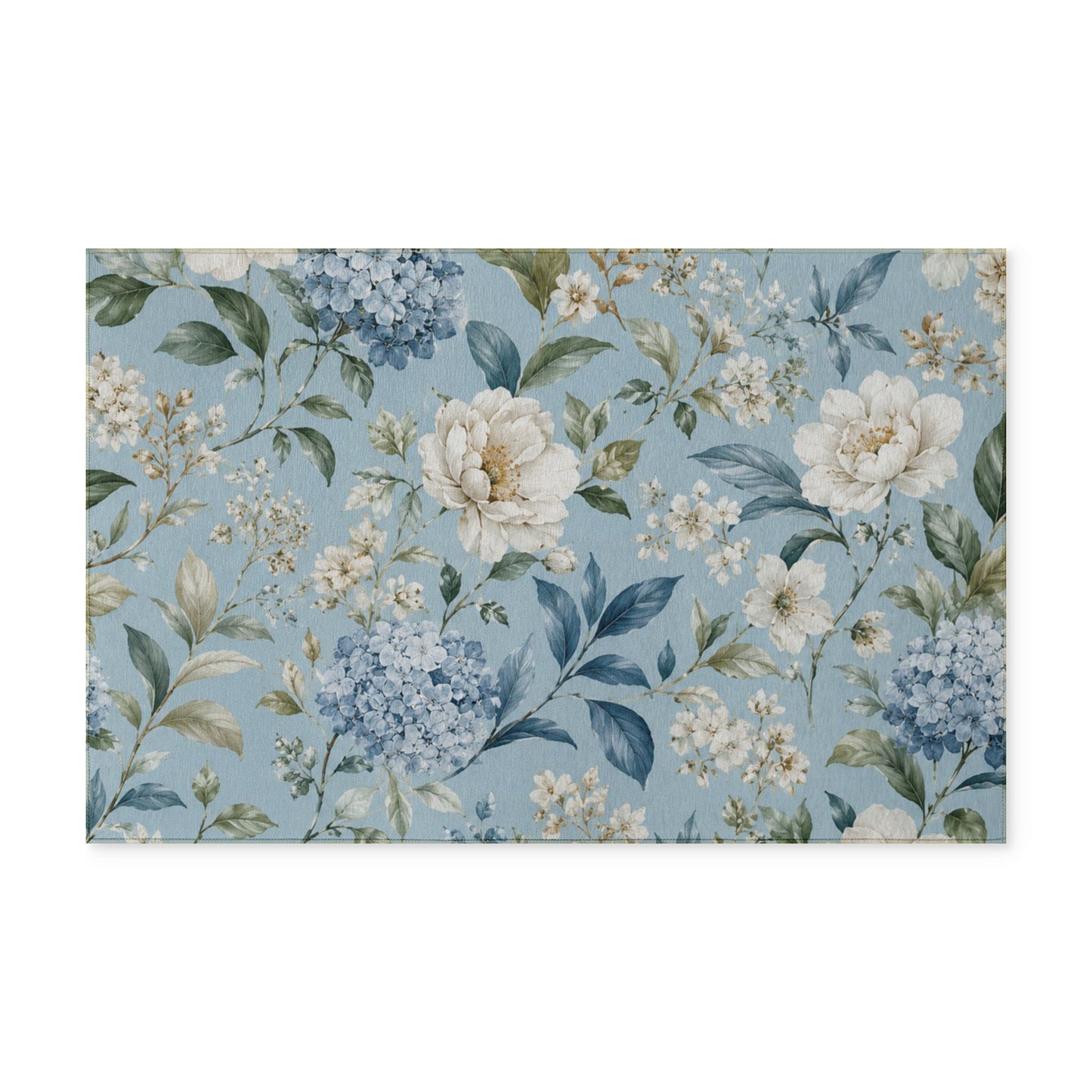 Blue Vintage Hydrangea & Peony Washable Rug
