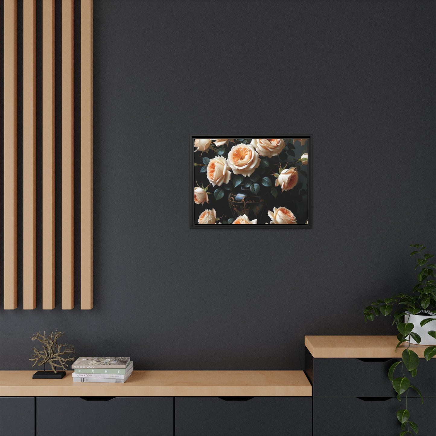 Peach Roses in Black Vase Floral Framed Matte Canvas Print