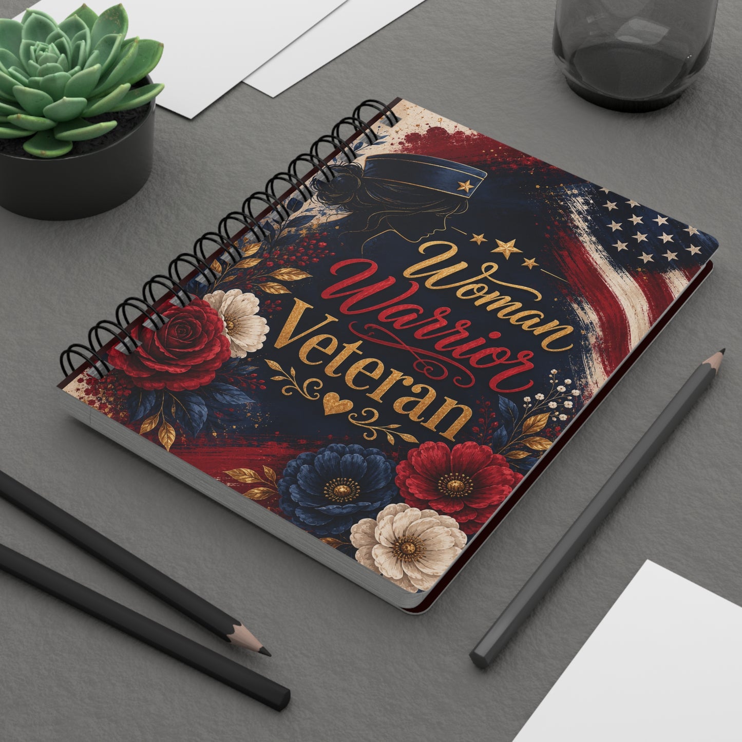 Woman Warrior Veteran Spiral Notebook — Patriotic Floral Journal for Female Veterans