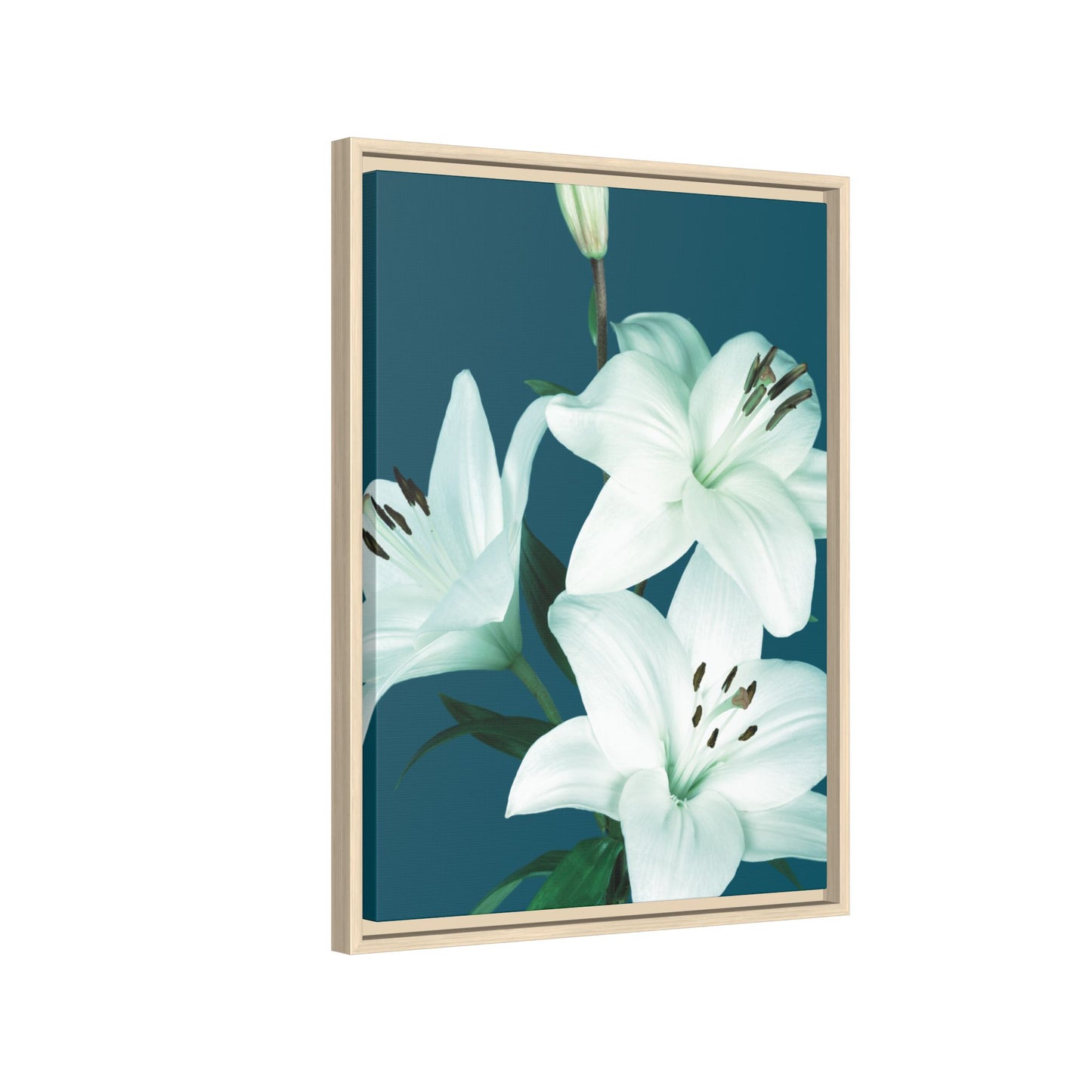 Teal Wave White Lily Botanical Framed Canvas Print