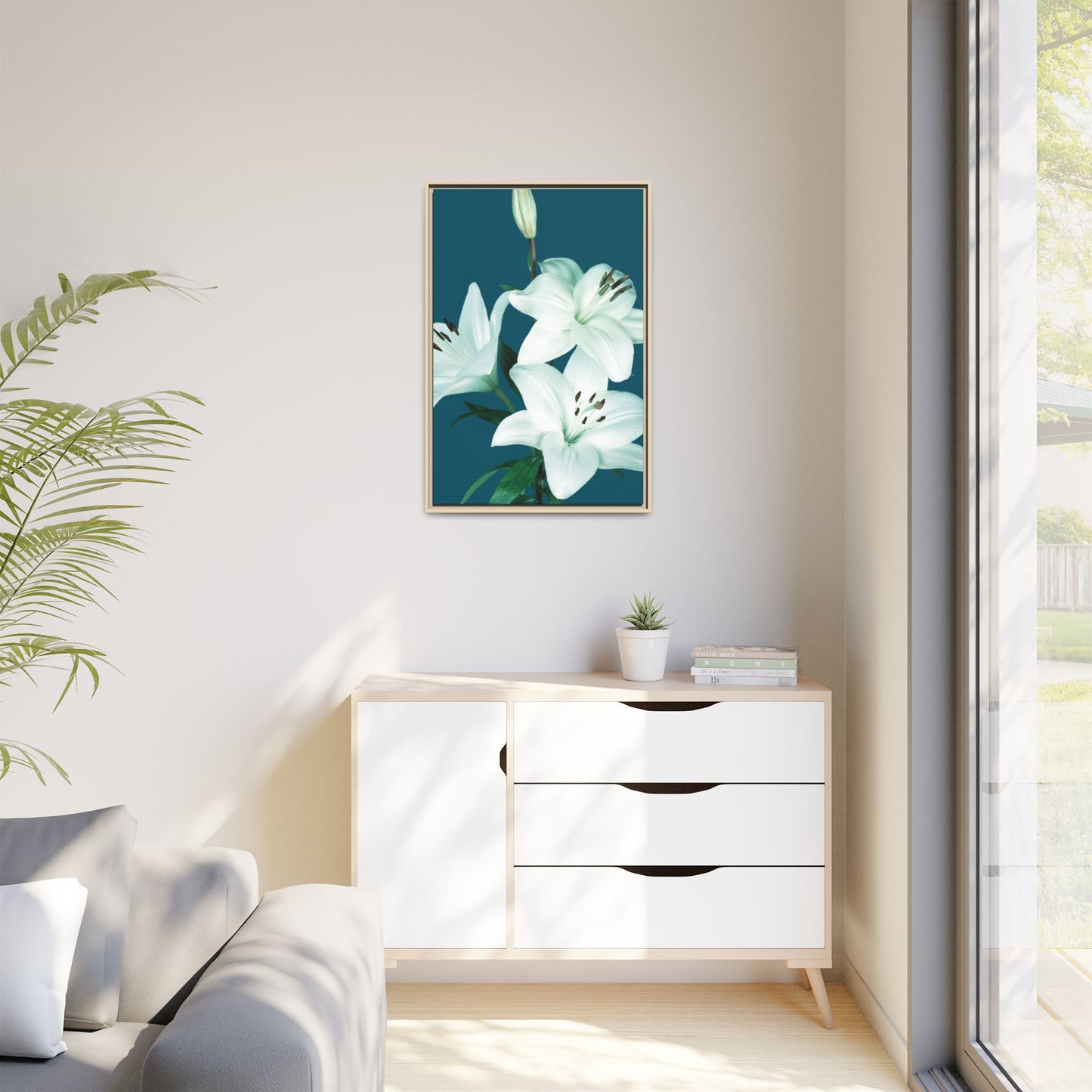 Teal Wave White Lily Botanical Framed Canvas Print