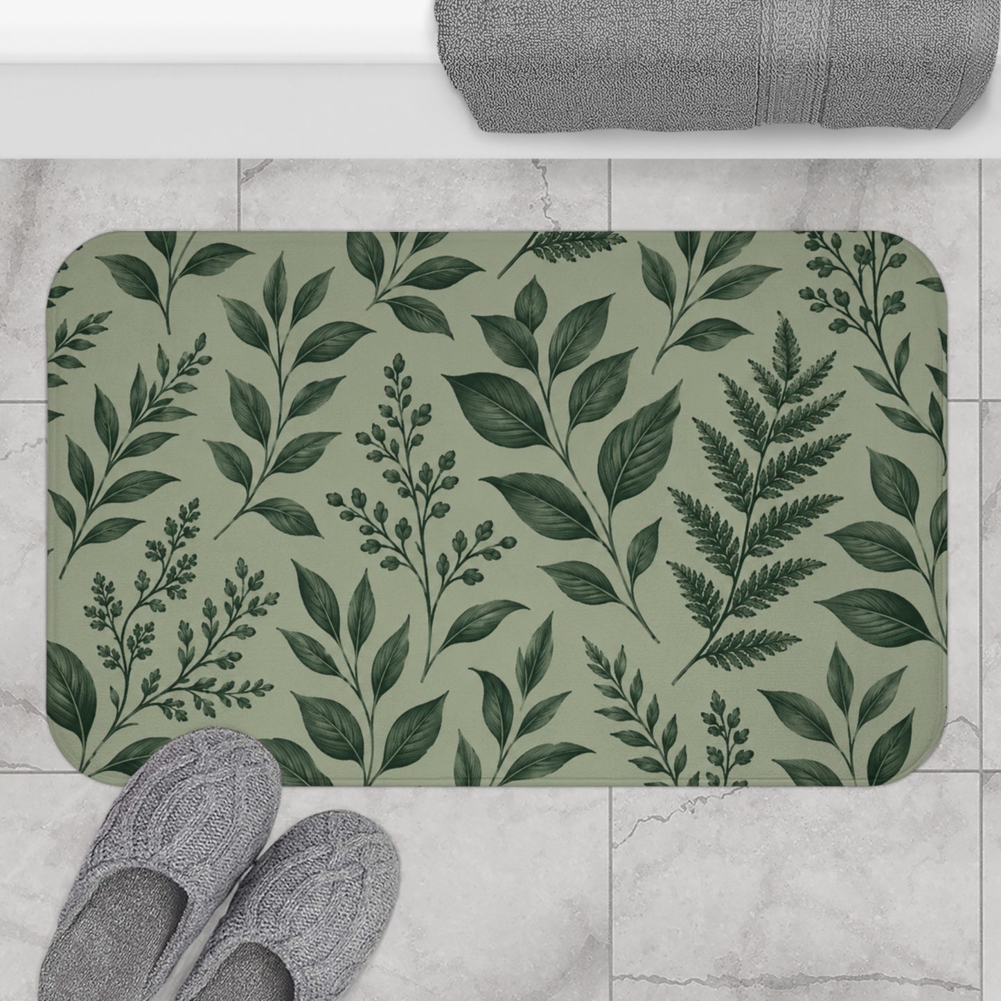 Botanical Green Leaf Bath Mat — Fern Pattern Bathroom Rug