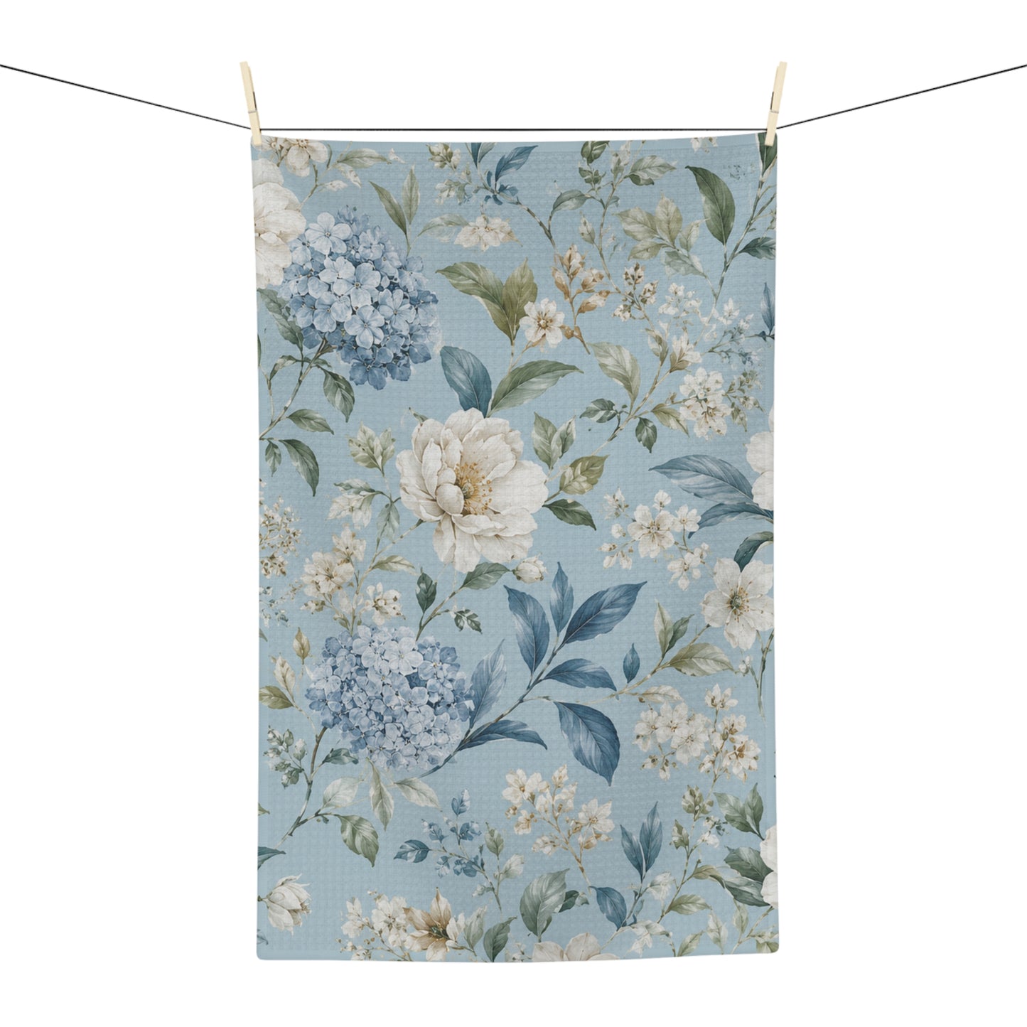 Blue Vintage Hydrangea & Peony Tea Towel — Microfiber Kitchen Towel with Pattern