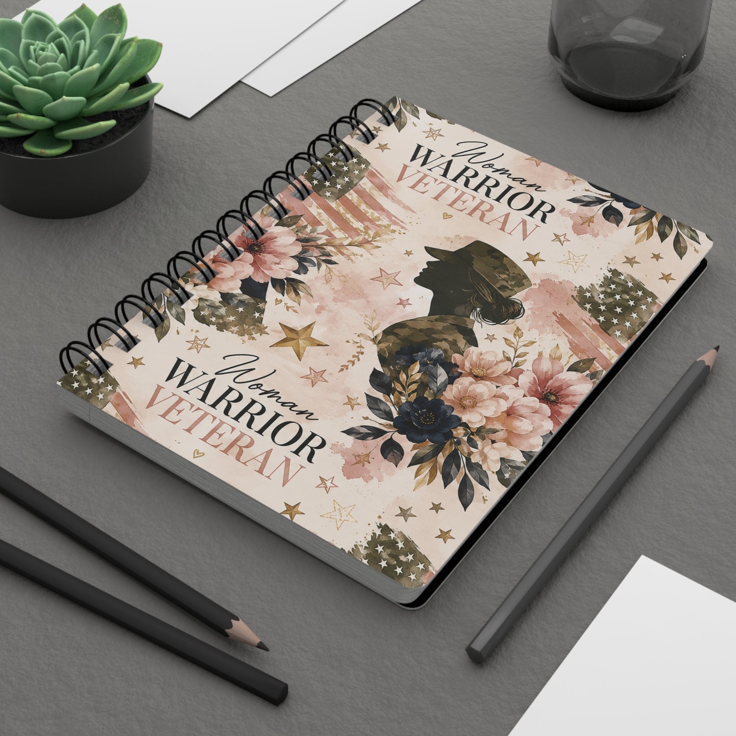 Woman Warrior Veteran Spiral Journal — Floral Patriotic Notebook for Female Veterans