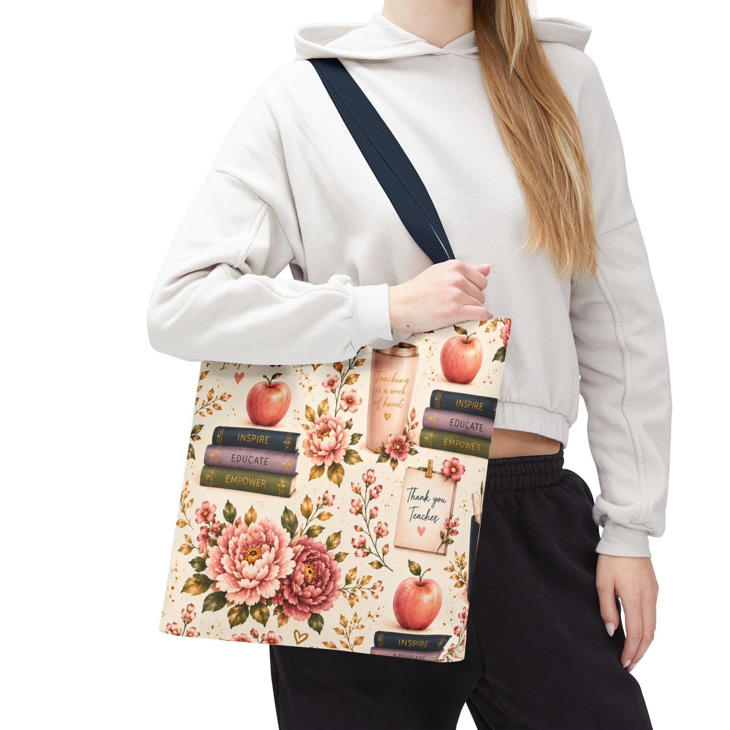 Teacher Appreciation Tote Bag - 'Thank You Teacher' Book & Apple Pattern
