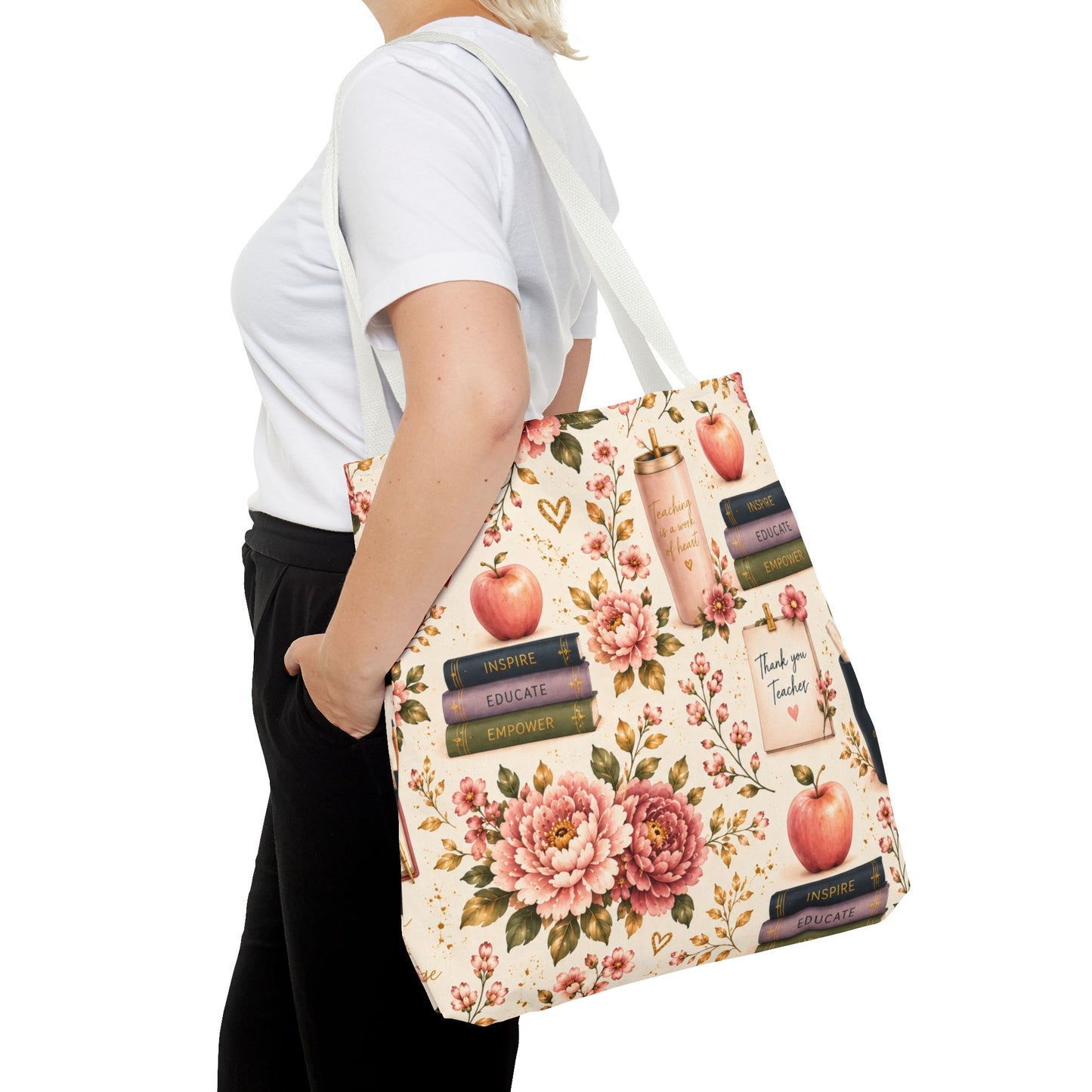 Teacher Appreciation Tote Bag - 'Thank You Teacher' Book & Apple Pattern