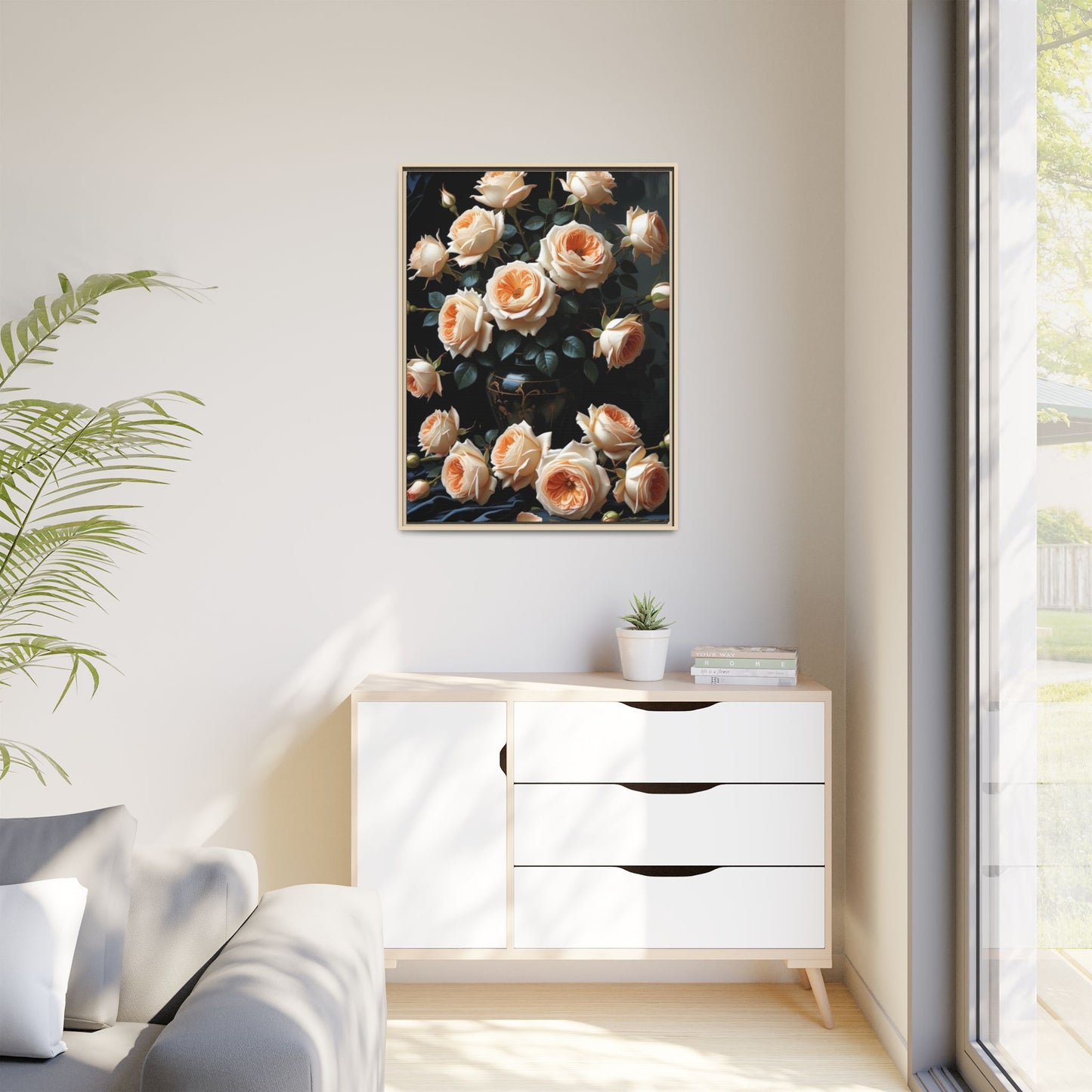 Peach Roses in Black Vase Floral Framed Matte Canvas Print