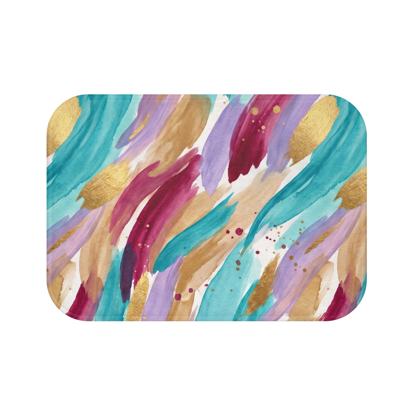 Abstract Watercolor Brushstroke Bath Mat — Teal, Gold & Berry Bathroom Rug