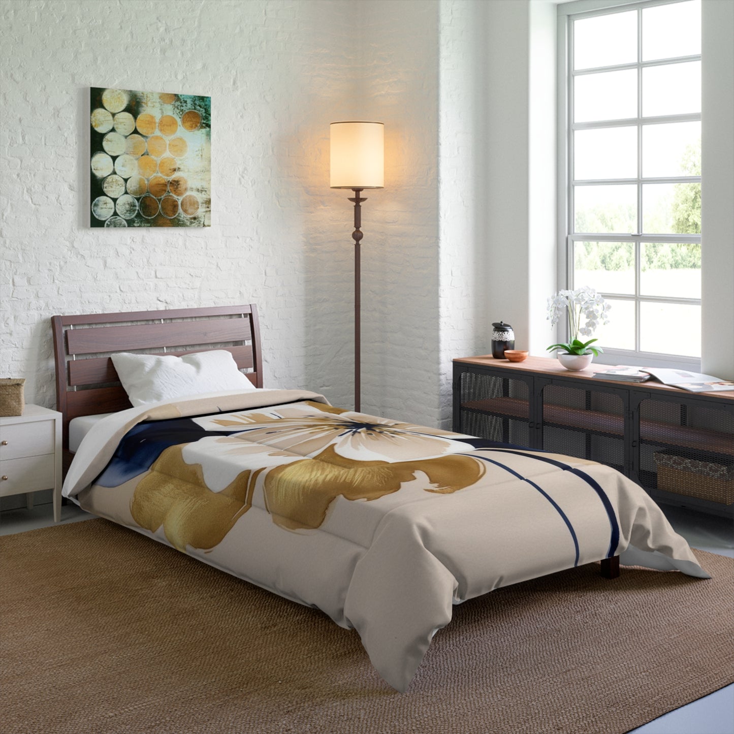 Floral Gold & Navy Comforter – Large Watercolor Blossom Bedding