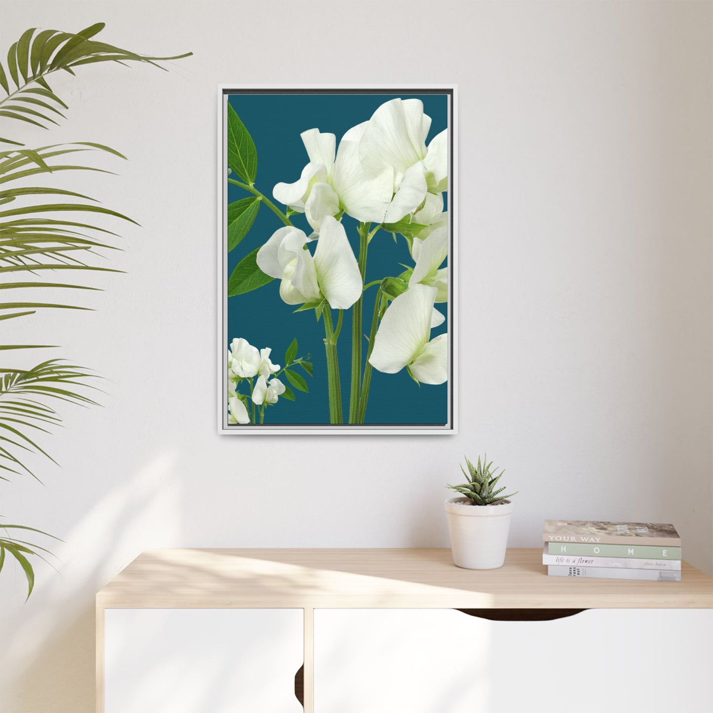Teal Wave Matching Framed White Sweet Pea Floral Matte Canvas Print