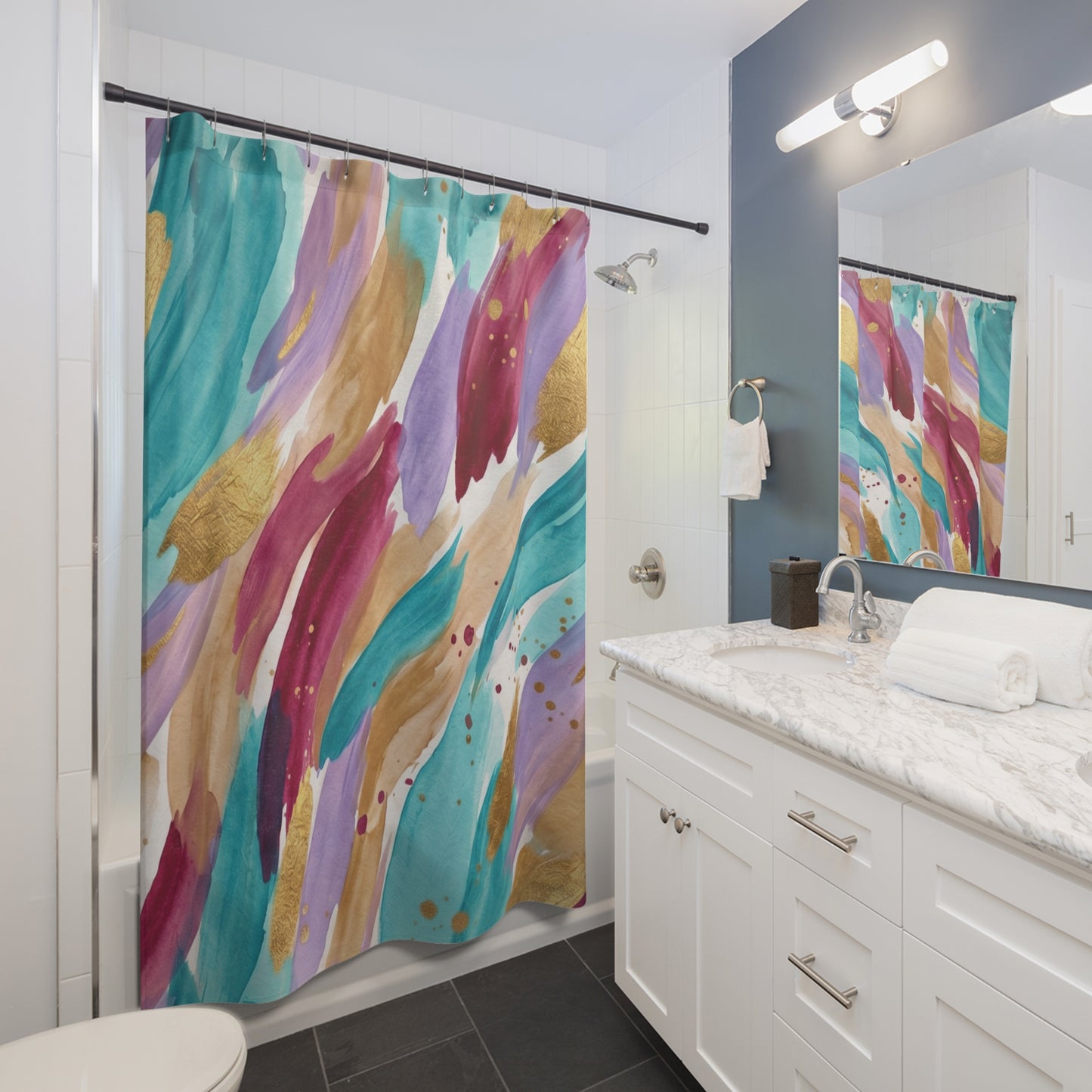 Abstract Watercolor Brushstroke Shower Curtain — Turquoise, Gold & Berry Bath Decor