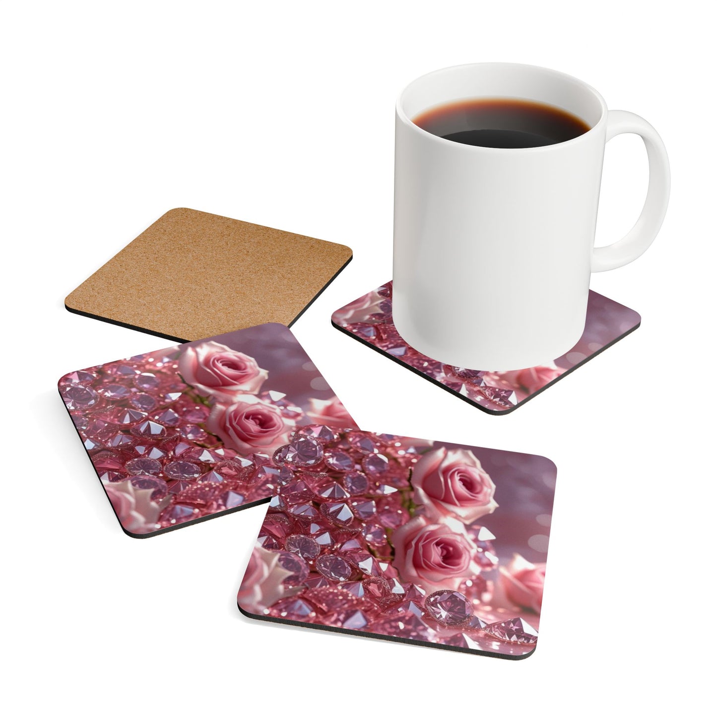 Pink Diamonds & Petals Corkwood Coaster Set