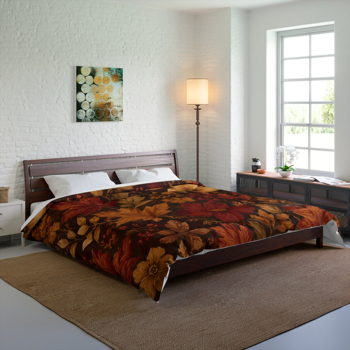 Rustic Fall Comforter — Warm Fall Floral Bedding in Rust & Golden Tones