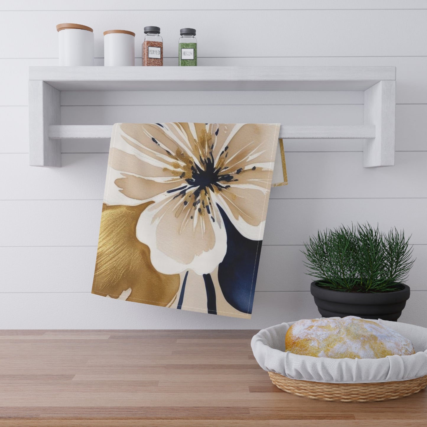 Floral Gold & Navy Tea Towels (cotton, poly)