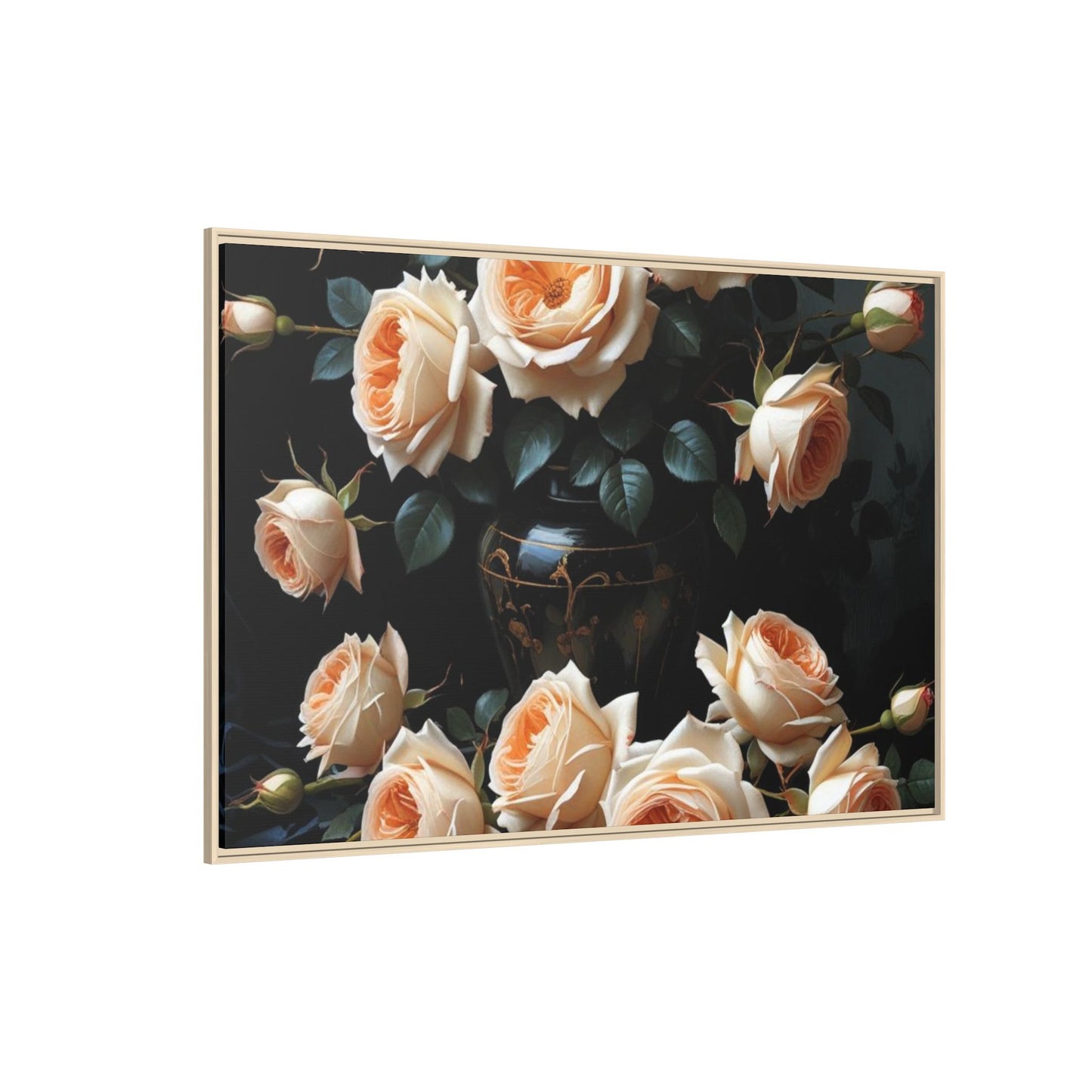 Peach Roses in Black Vase Floral Framed Matte Canvas Print