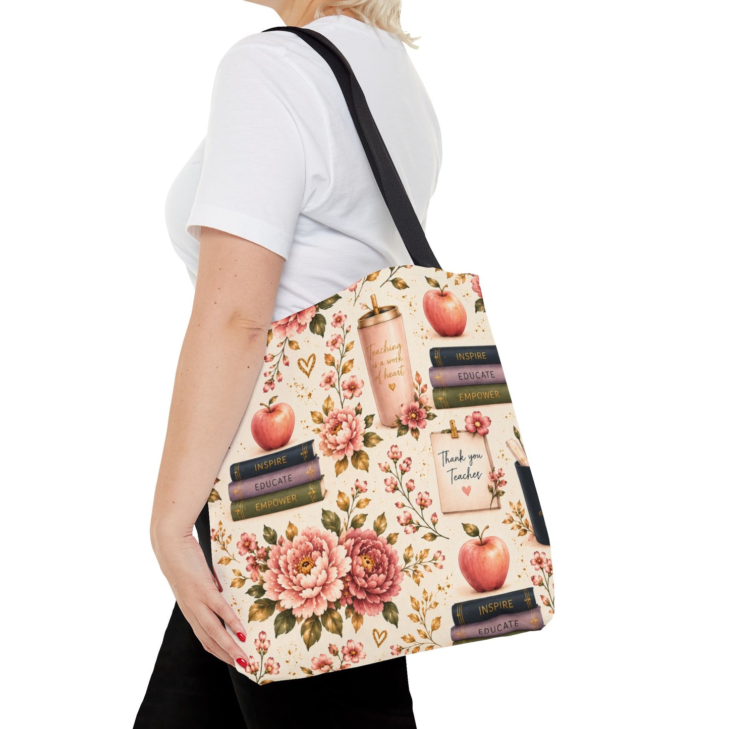 Teacher Appreciation Tote Bag - 'Thank You Teacher' Book & Apple Pattern