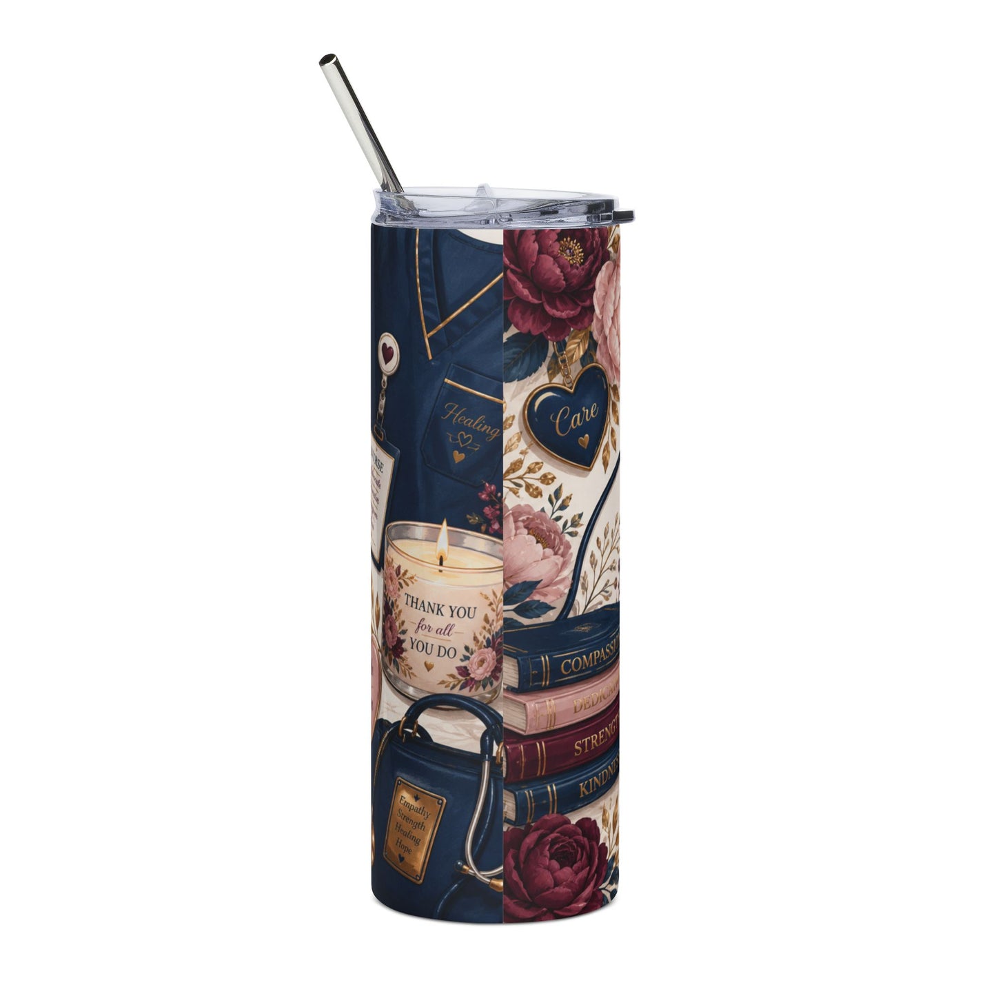 Nursing Is a Work of Heart 20oz Stainless Tumbler — Floral Nurse Gift