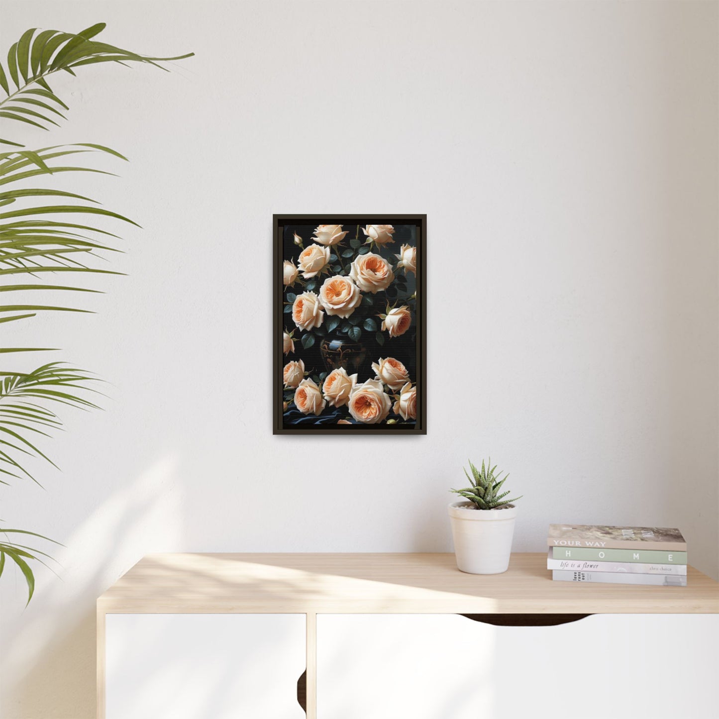 Peach Roses in Black Vase Floral Framed Matte Canvas Print