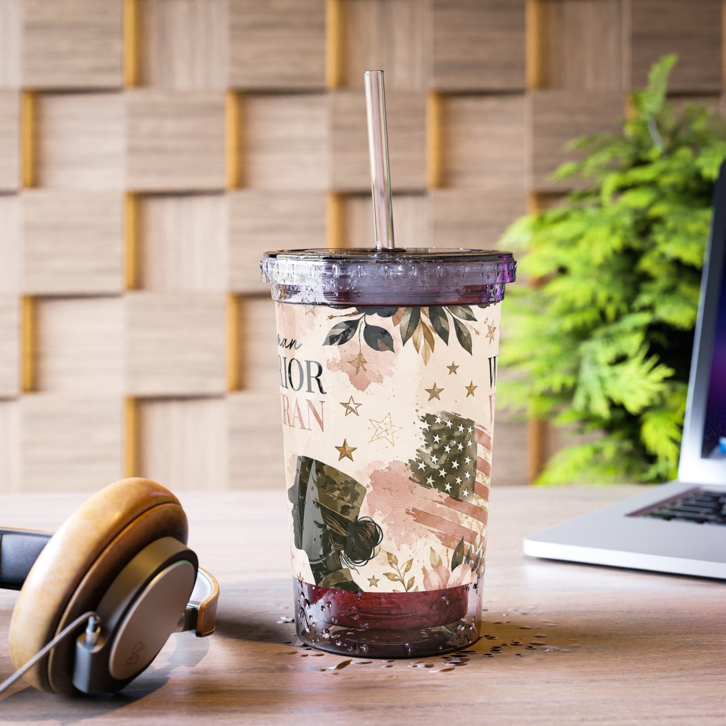 Woman Warrior Veteran Acrylic Tumbler — Patriotic Floral Suave Cup