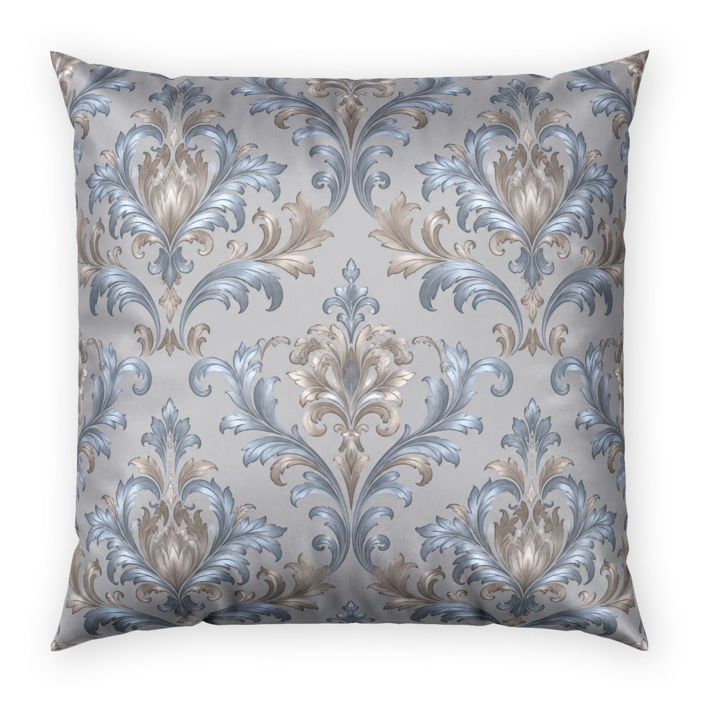 Elegant Blue Gray Damask Motif Velvet Pillow — Luxurious Decorative Throw Cushion