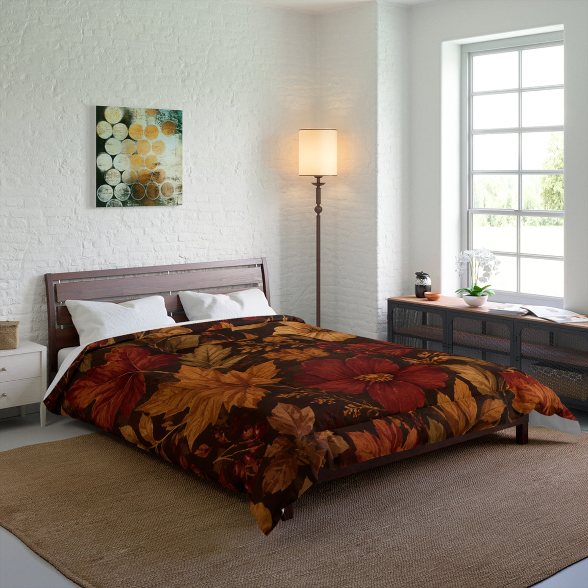 Rustic Fall Comforter — Warm Fall Floral Bedding in Rust & Golden Tones