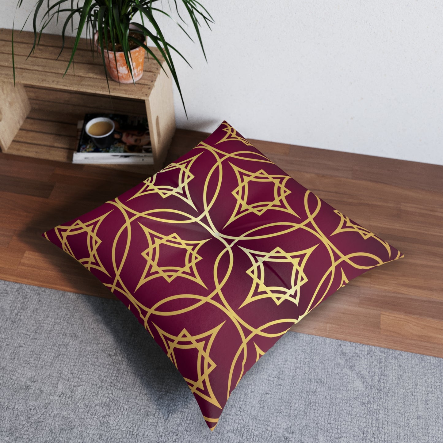 Gilded Geometric — Burgundy & Gold Decorative Tufted Floor Pillow Cushion