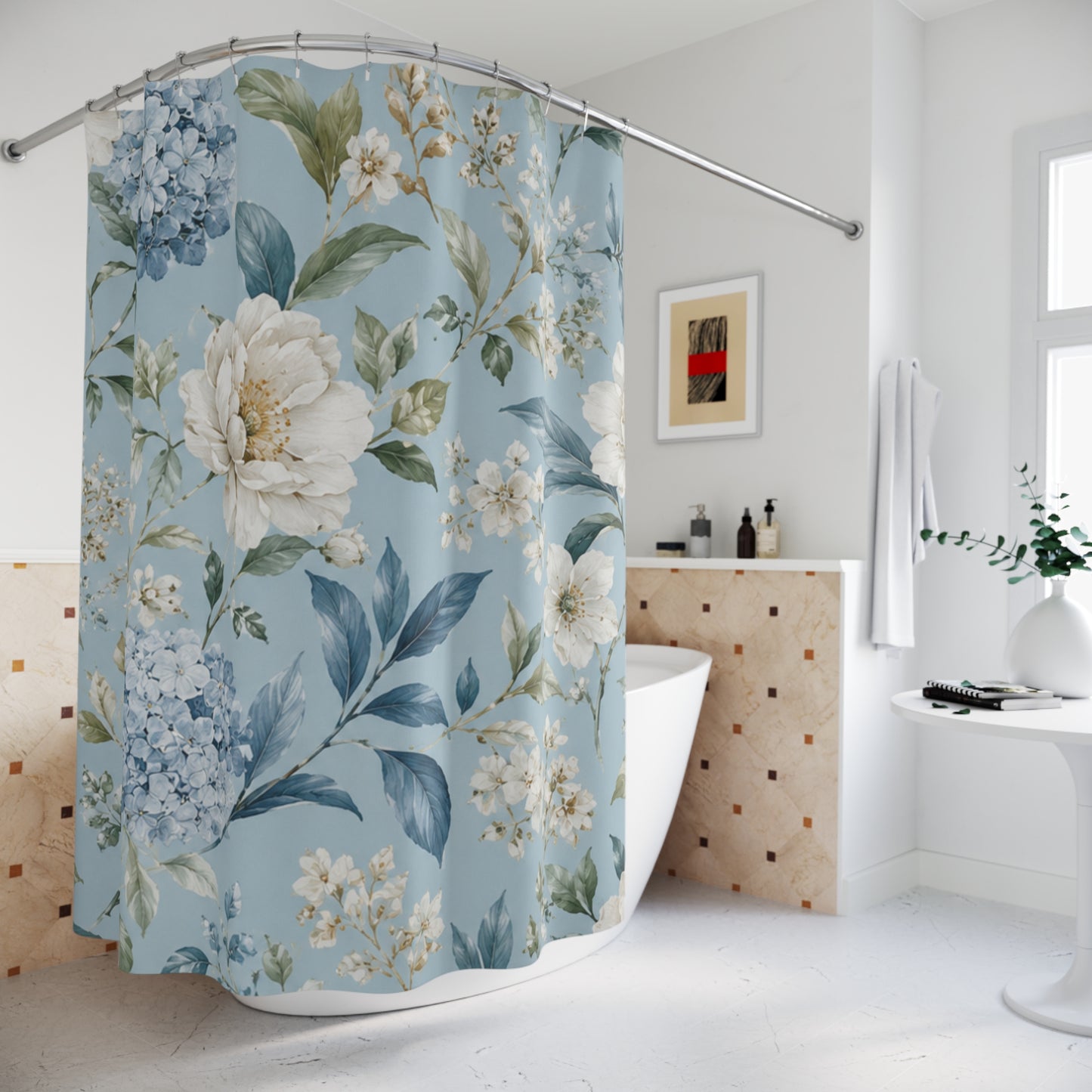 Blue Vintage Hydrangea & Peony Shower Curtain