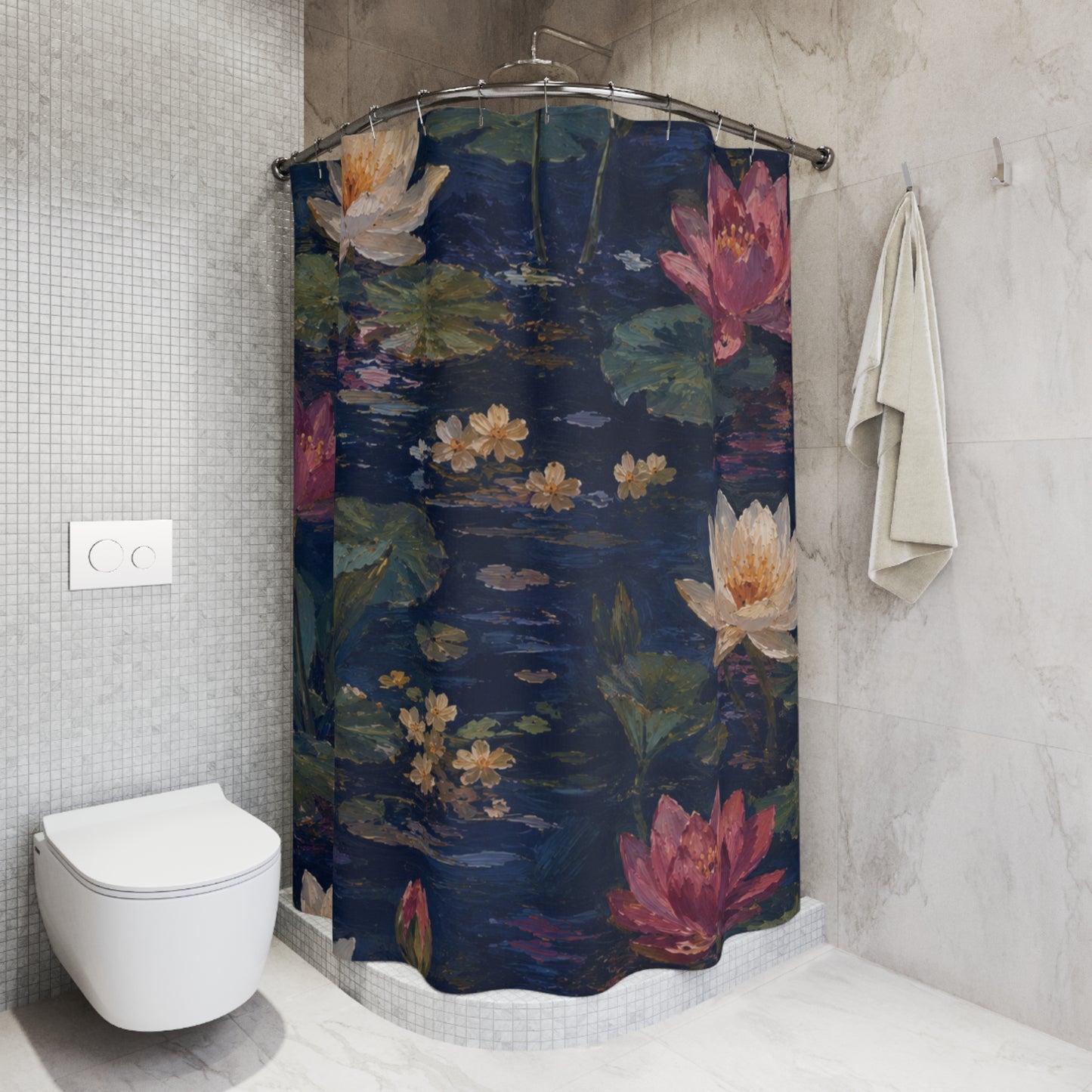 Dark Blue Lotus Pond Shower Curtain — Dark Botanical Bathroom Decor