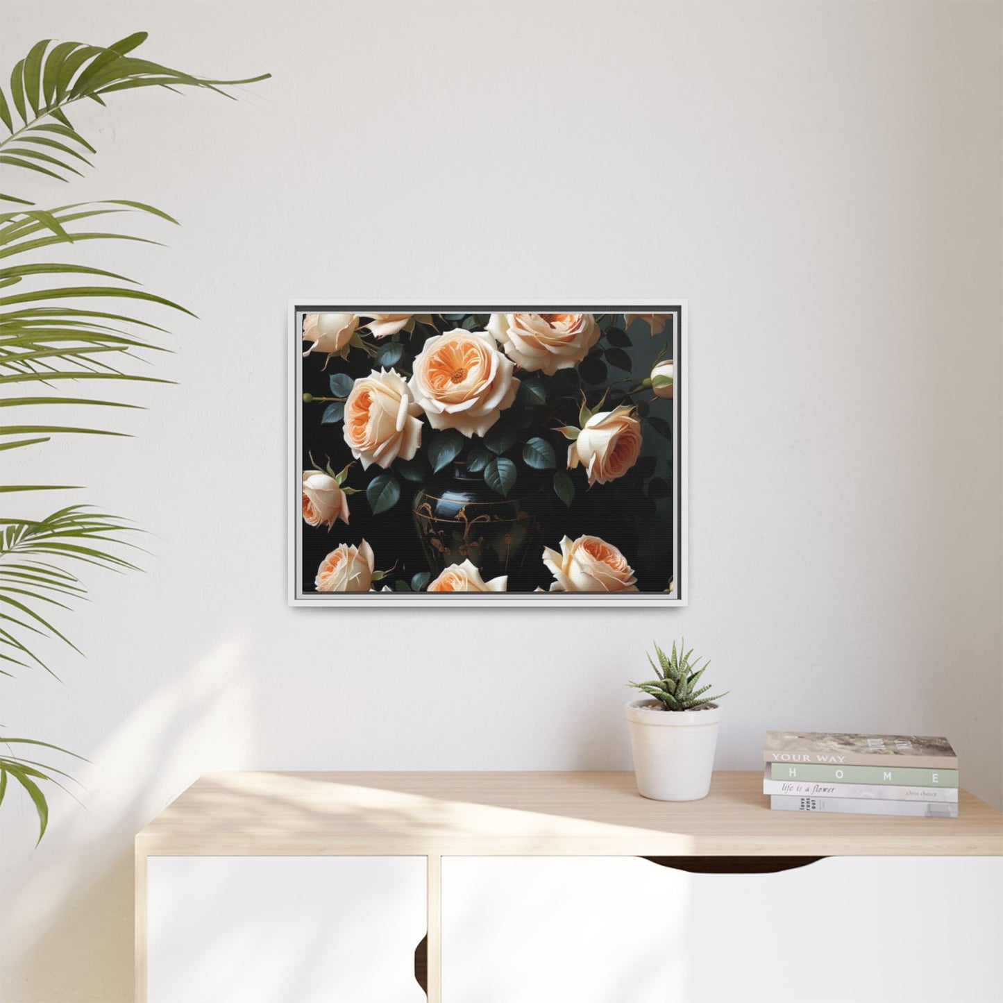 Peach Roses in Black Vase Floral Framed Matte Canvas Print