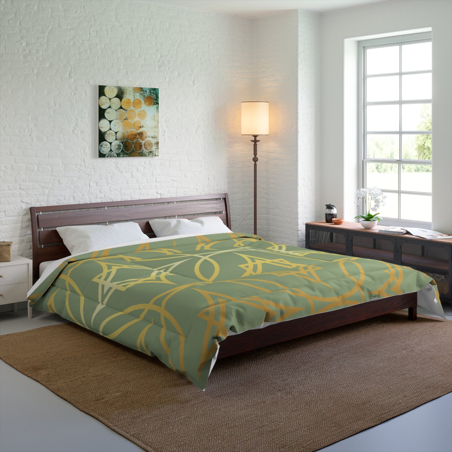 Gilded Geometric Star Pattern Comforter - Sage Green & Gold Bedding