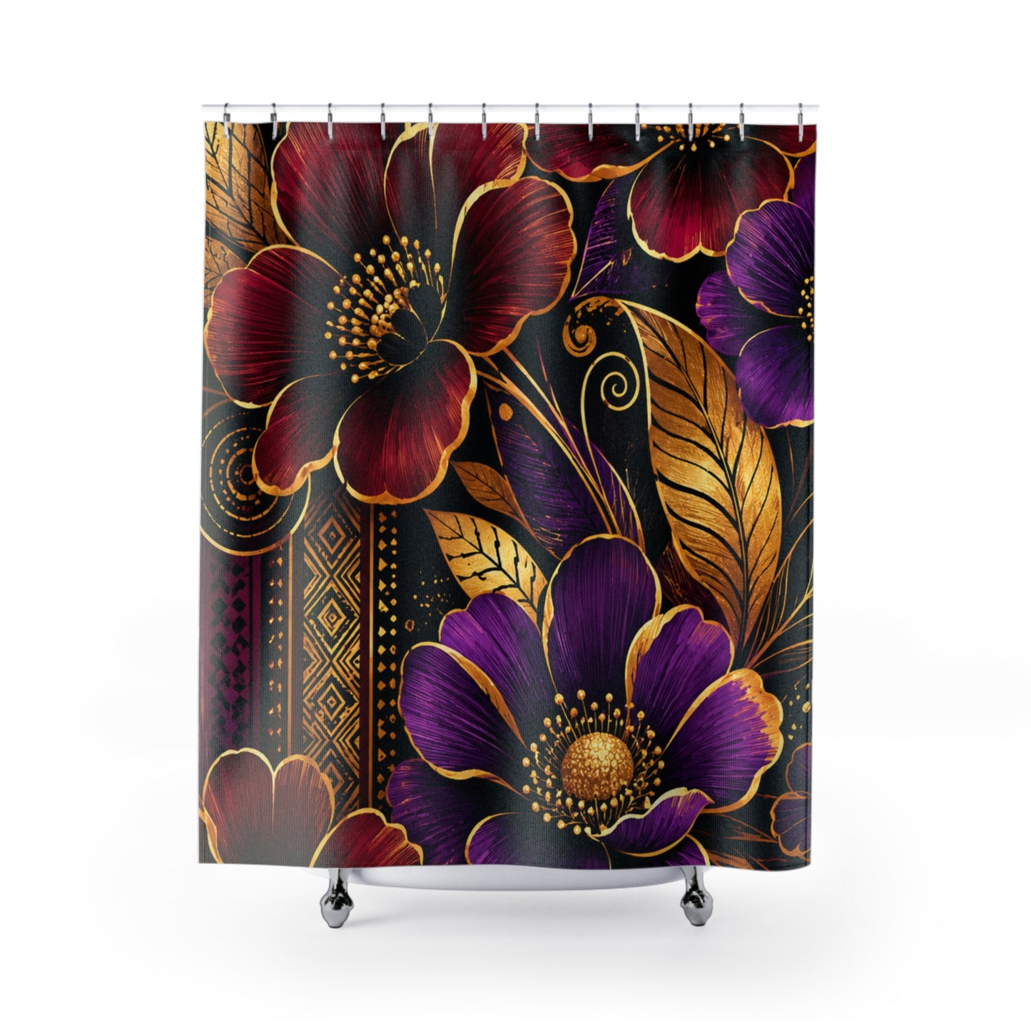 Zuri Garden Shower Curtain – African-Inspired Floral Bathroom Decor in Burgundy, Gold, Black & Purple