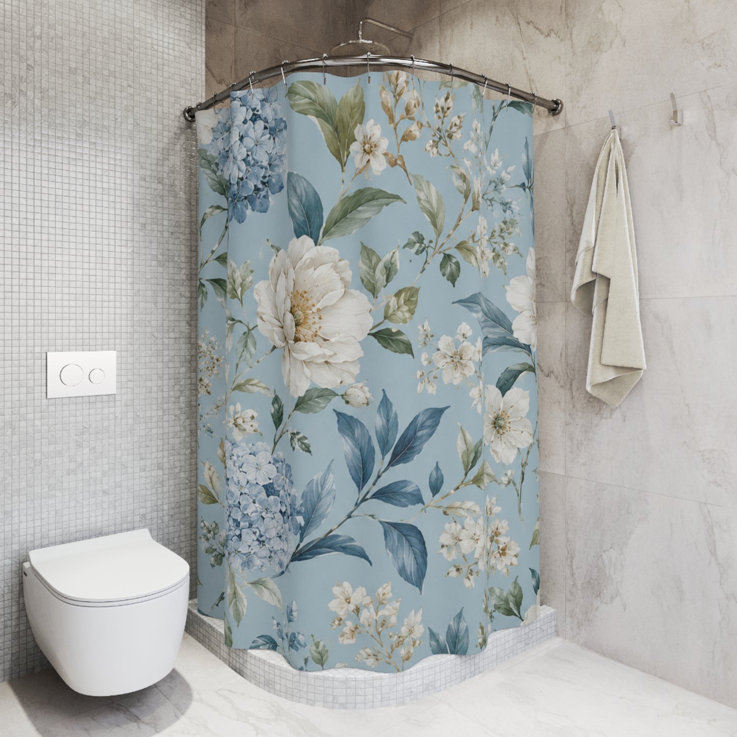 Blue Vintage Hydrangea & Peony Shower Curtain