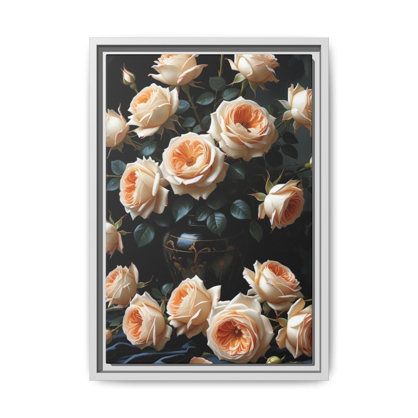 Peach Roses in Black Vase Floral Framed Matte Canvas Print