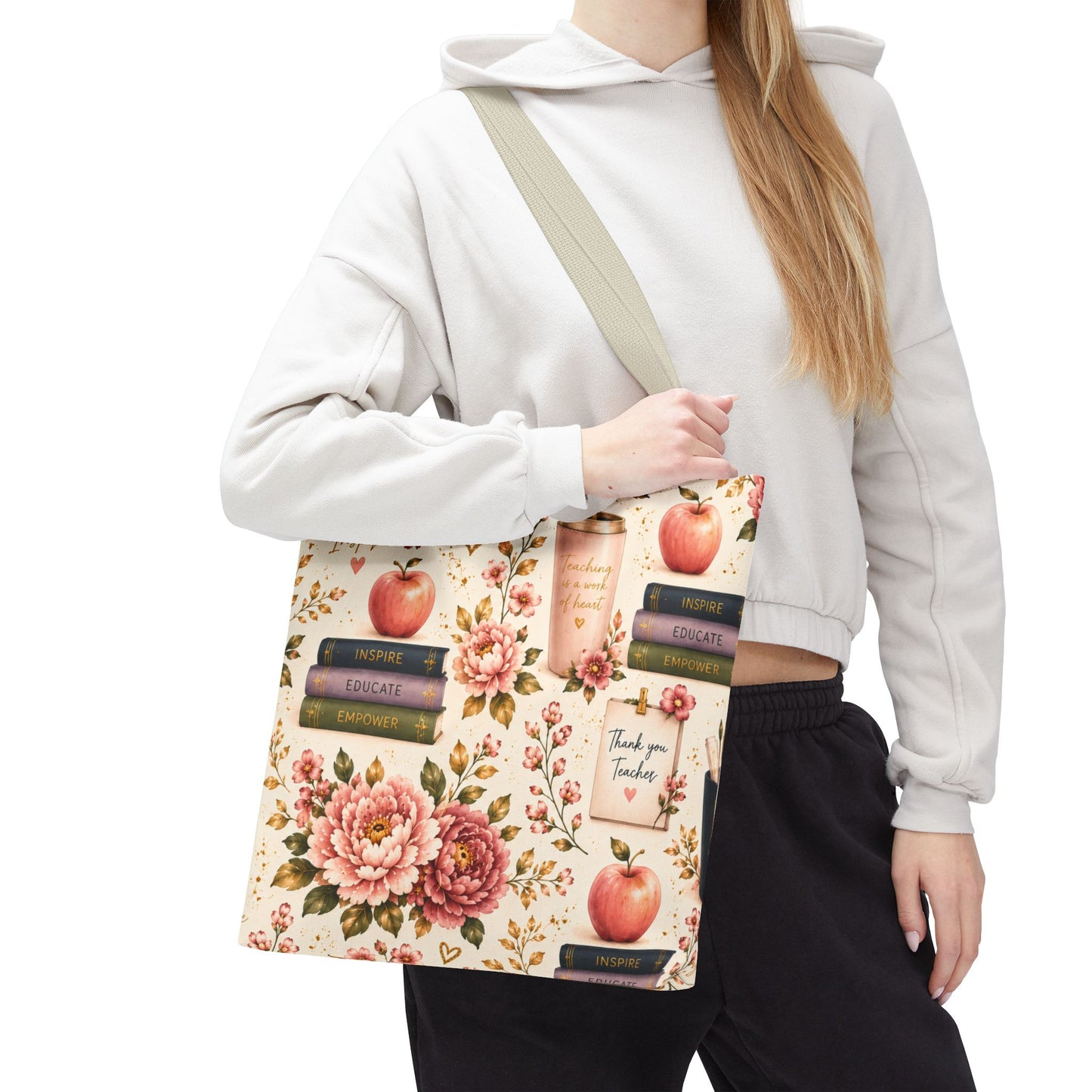 Teacher Appreciation Tote Bag - 'Thank You Teacher' Book & Apple Pattern