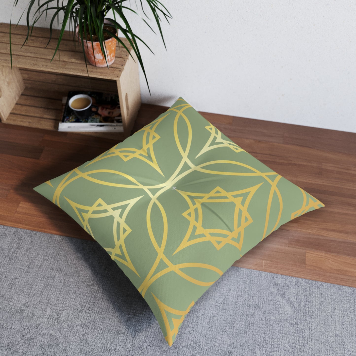Gilded Geometric Sage & Gold Tufted Floor Pillow