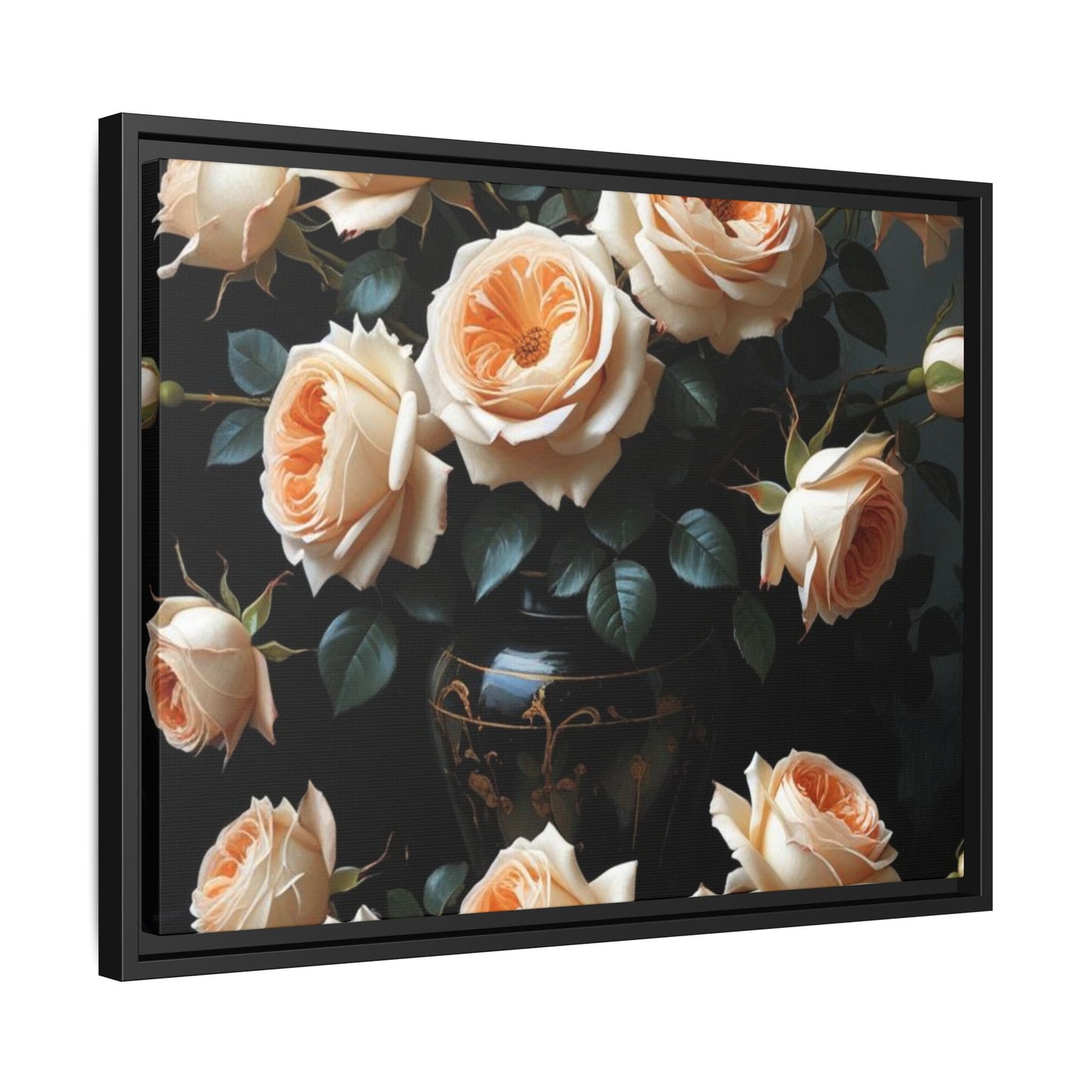 Peach Roses in Black Vase Floral Framed Matte Canvas Print