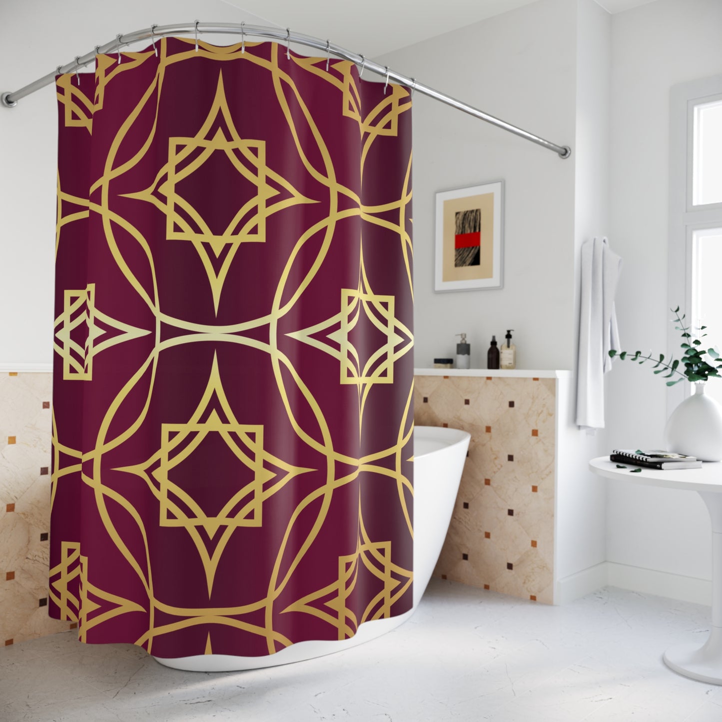Gilded Geometric Shower Curtain — Burgundy & Gold Art Deco Bath Curtain