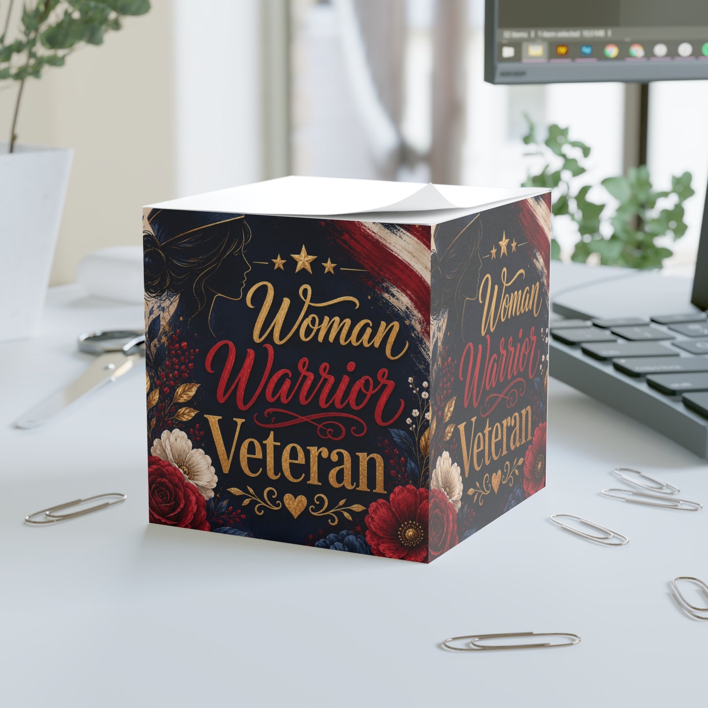 Woman Warrior Veteran Note Cube — Patriotic Sticky Note Block