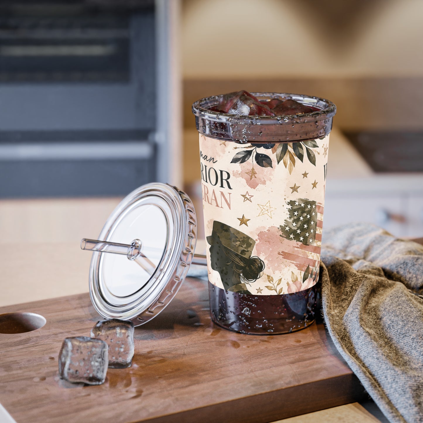 Woman Warrior Veteran Acrylic Tumbler — Patriotic Floral Suave Cup